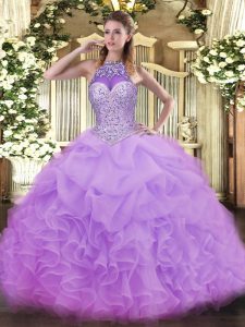 Organza Sleeveless Floor Length Ball Gown Prom Dress and Beading and Ruffles and Pick Ups