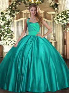 Satin Halter Top Sleeveless Lace Up Ruching Quinceanera Gowns in Turquoise