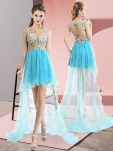 Sumptuous Scoop Sleeveless Prom Party Dress High Low Sweep Train Beading Aqua Blue Tulle