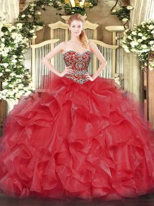 Amazing Coral Red Ball Gowns Sweetheart Sleeveless Organza Floor Length Lace Up Beading 15 Quinceanera Dress