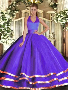 Hot Selling Purple Sweet 16 Dress Military Ball and Sweet 16 and Quinceanera with Ruffled Layers Halter Top Sleeveless Lace Up