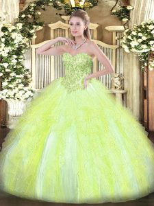 Glittering Yellow Green Lace Up 15th Birthday Dress Appliques and Ruffles Sleeveless Floor Length