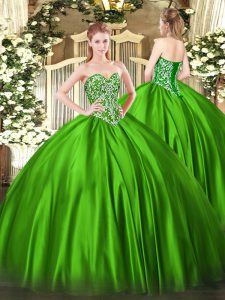 Vintage Green Ball Gowns Beading Ball Gown Prom Dress Lace Up Satin Sleeveless Floor Length