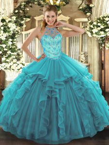 Teal Halter Top Lace Up Beading and Embroidery and Ruffles Quinceanera Gown Sleeveless