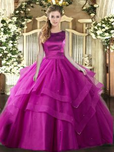 Scoop Sleeveless Tulle Quinceanera Gown Ruffles and Ruffled Layers Lace Up