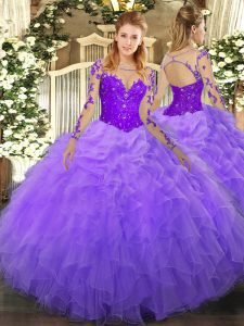 Sexy Floor Length Lace Up Quinceanera Gown Lavender for Military Ball and Sweet 16 and Quinceanera with Lace and Ruffles