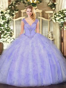 Lavender Sleeveless Organza Lace Up Sweet 16 Dresses for Military Ball and Sweet 16 and Quinceanera