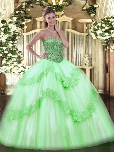 Hot Sale Lace Up Sweetheart Beading and Appliques and Ruffles Ball Gown Prom Dress Tulle Sleeveless
