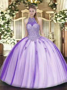 Stylish Lavender Vestidos de Quinceanera Military Ball and Sweet 16 and Quinceanera with Beading and Appliques Halter Top Sleeveless Lace Up