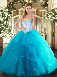 Aqua Blue Sweetheart Lace Up Beading and Ruffles Quinceanera Gown Sleeveless