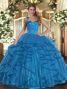 Stunning Teal Halter Top Lace Up Ruffles Quince Ball Gowns Sleeveless