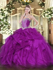 Floor Length Purple Ball Gown Prom Dress Organza Sleeveless Beading and Ruffles