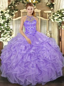 Elegant Halter Top Sleeveless Organza 15 Quinceanera Dress Beading and Ruffles Lace Up