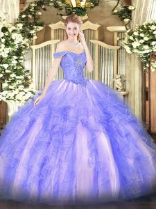 Lavender Ball Gowns Beading and Ruffles Quinceanera Dresses Lace Up Tulle Sleeveless Floor Length