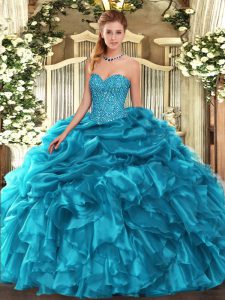 Smart Teal Organza Lace Up Sweetheart Sleeveless Floor Length 15 Quinceanera Dress Beading and Ruffles and Pick Ups