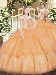 Beading and Ruffled Layers Sweet 16 Dress Orange Lace Up Sleeveless Floor Length