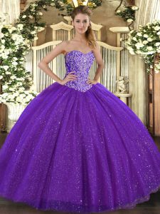 Elegant Sweetheart Sleeveless Quinceanera Gown Floor Length Beading Purple Tulle