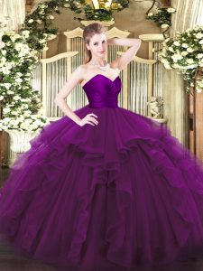 Floor Length Purple 15th Birthday Dress Tulle Sleeveless Ruffles