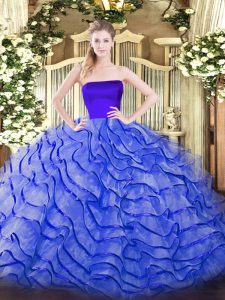 Fitting Blue 15th Birthday Dress Tulle Brush Train Sleeveless Ruffles