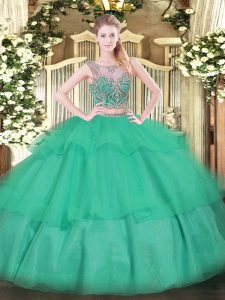 Floor Length Turquoise 15th Birthday Dress Scoop Sleeveless Lace Up
