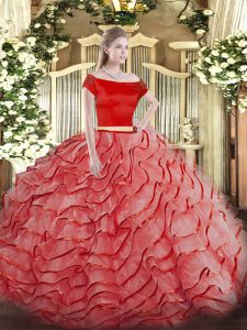 Exceptional Tulle Short Sleeves Sweet 16 Quinceanera Dress Brush Train and Ruffled Layers