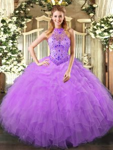 Lavender Sweet 16 Dresses Sweet 16 and Quinceanera with Beading and Ruffles Halter Top Sleeveless Lace Up