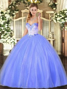 Clearance Sleeveless Floor Length Beading Lace Up Ball Gown Prom Dress with Blue