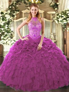 Modest Fuchsia Halter Top Neckline Embroidery and Ruffles Sweet 16 Quinceanera Dress Sleeveless Lace Up