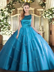 Hot Selling Aqua Blue Tulle Lace Up Quince Ball Gowns Sleeveless Floor Length Appliques