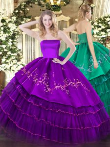 Flirting Strapless Sleeveless Organza and Taffeta Quince Ball Gowns Embroidery and Ruffled Layers Zipper