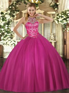 Unique Hot Pink Sleeveless Satin Lace Up 15th Birthday Dress for Military Ball and Sweet 16 and Quinceanera