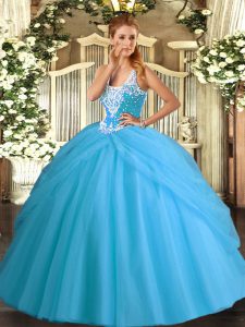 Trendy Floor Length Ball Gowns Sleeveless Aqua Blue Sweet 16 Dresses Lace Up