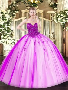 Beading Ball Gown Prom Dress Fuchsia Lace Up Sleeveless Floor Length