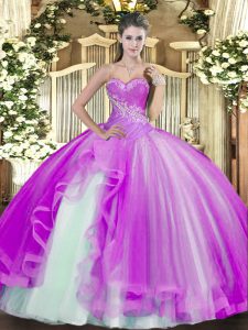 Perfect Lilac Quinceanera Dresses Military Ball and Sweet 16 and Quinceanera with Beading and Ruffles Sweetheart Sleeveless Lace Up