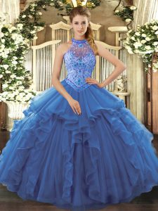Exquisite Blue Sleeveless Beading and Embroidery and Ruffles Floor Length Vestidos de Quinceanera