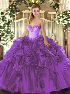 Purple Sleeveless Beading and Ruffles Floor Length Quinceanera Gown