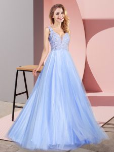 Floor Length A-line Sleeveless Light Blue Dress for Prom Zipper