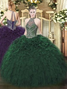 New Style Taffeta Halter Top Sleeveless Lace Up Beading and Ruffles Sweet 16 Quinceanera Dress in Dark Green
