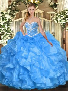 Sleeveless Organza Floor Length Lace Up Quince Ball Gowns in Baby Blue with Beading and Ruffles