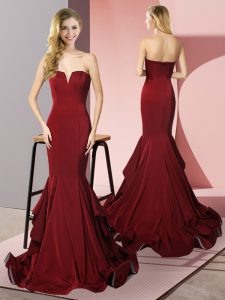 Sleeveless Elastic Woven Satin Sweep Train Side Zipper Homecoming Dress in Burgundy with Ruffles