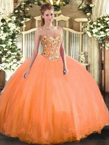 Embroidery Sweet 16 Dresses Orange Lace Up Sleeveless Floor Length