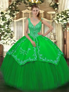 Sleeveless Taffeta and Tulle Floor Length Zipper Sweet 16 Dresses in Green with Beading and Embroidery