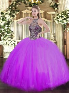 Halter Top Sleeveless Tulle Ball Gown Prom Dress Beading Lace Up