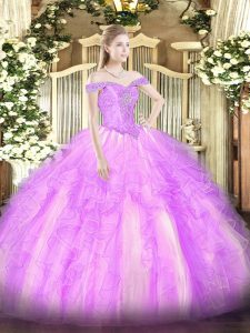 Lilac Off The Shoulder Lace Up Beading and Ruffles Quinceanera Gown Sleeveless