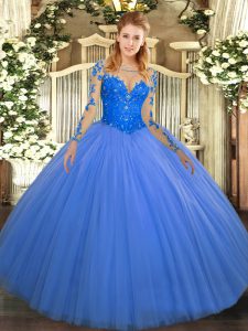 Trendy Blue Long Sleeves Lace Floor Length Quinceanera Gown