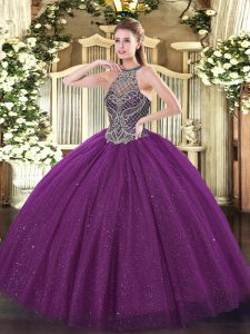 Floor Length Lace Up Quinceanera Gowns Eggplant Purple for Party and Military Ball and Sweet 16 and Quinceanera with Beading