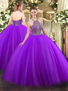 Sleeveless Tulle Floor Length Lace Up Quinceanera Gown in Purple with Beading