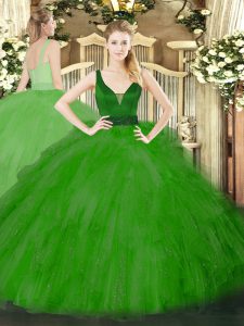 Simple Floor Length Green Quinceanera Gown Tulle Sleeveless Beading and Ruffles