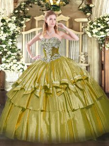 Olive Green Ball Gowns Strapless Sleeveless Organza and Taffeta Floor Length Lace Up Beading and Ruffled Layers Ball Gown Prom Dress