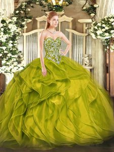 Dynamic Olive Green Quinceanera Dress Military Ball and Sweet 16 and Quinceanera with Beading and Ruffles Sweetheart Sleeveless Lace Up